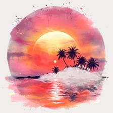 Sunset Palm Tree Island Watercolor Clipart