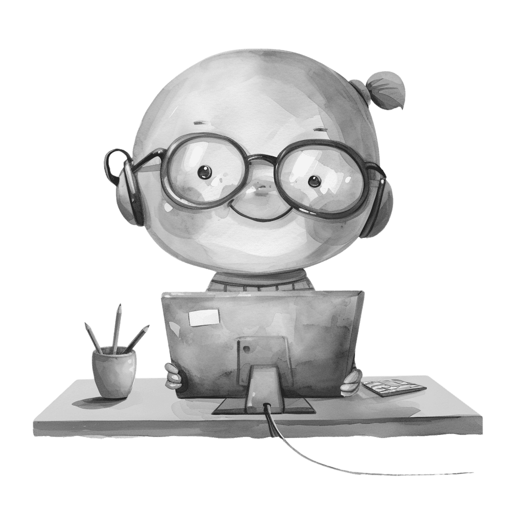 Black and White Cute Kid In Glasses Using Computer Clipart