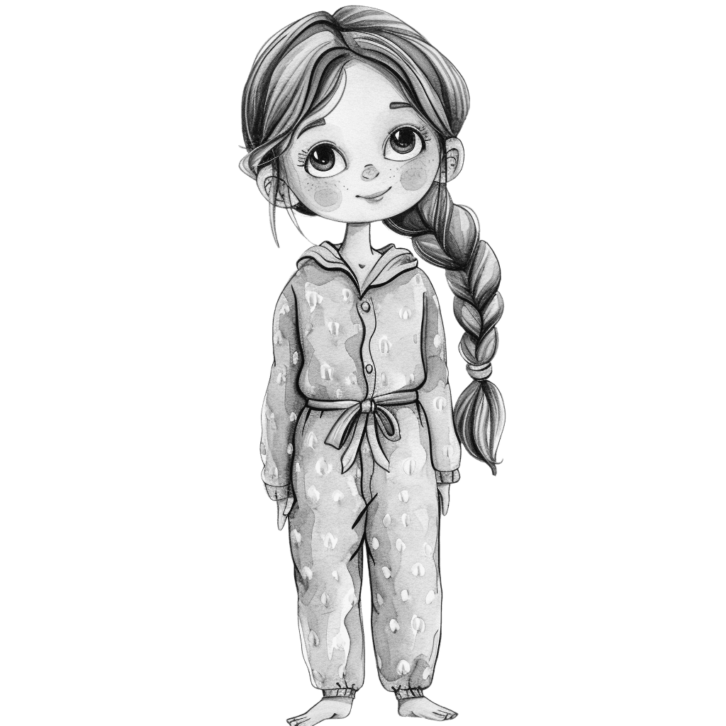 Black and White cartoon girl in pajamas clipart