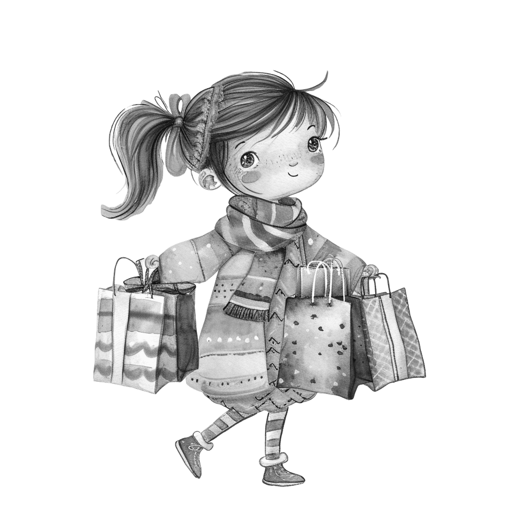 Black and White little girl shopping bags clipart