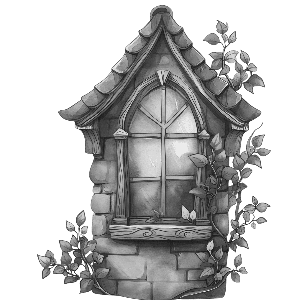 Black and White Blue Stone Window With Vines Clipart