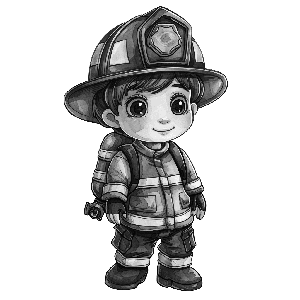 Black and White Cute Firefighter Cartoon Clipart