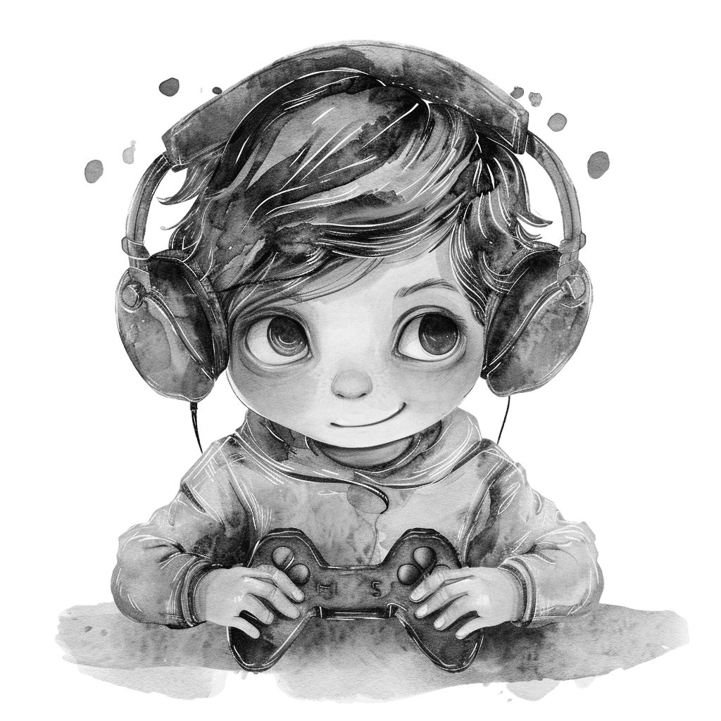 Black and White Gamer Boy Clipart