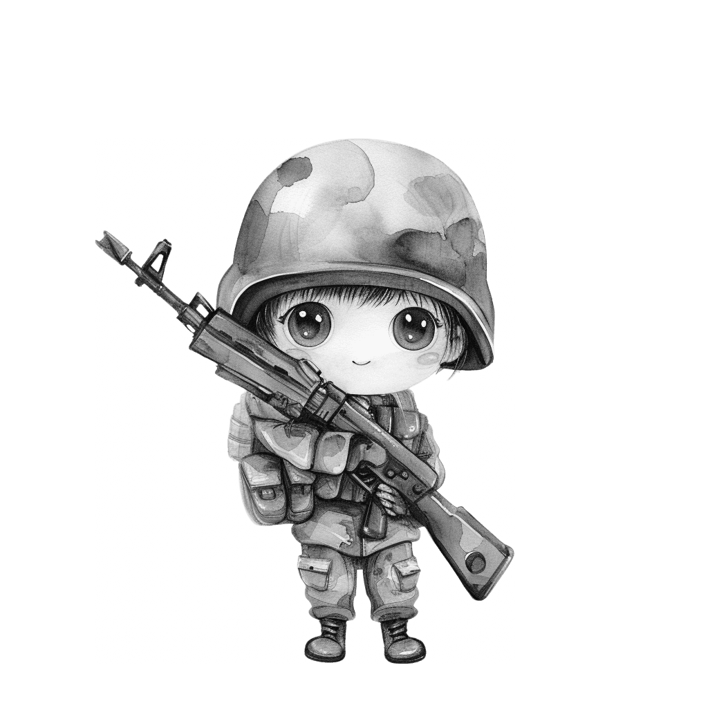 Black and White Cute Soldier Clipart
