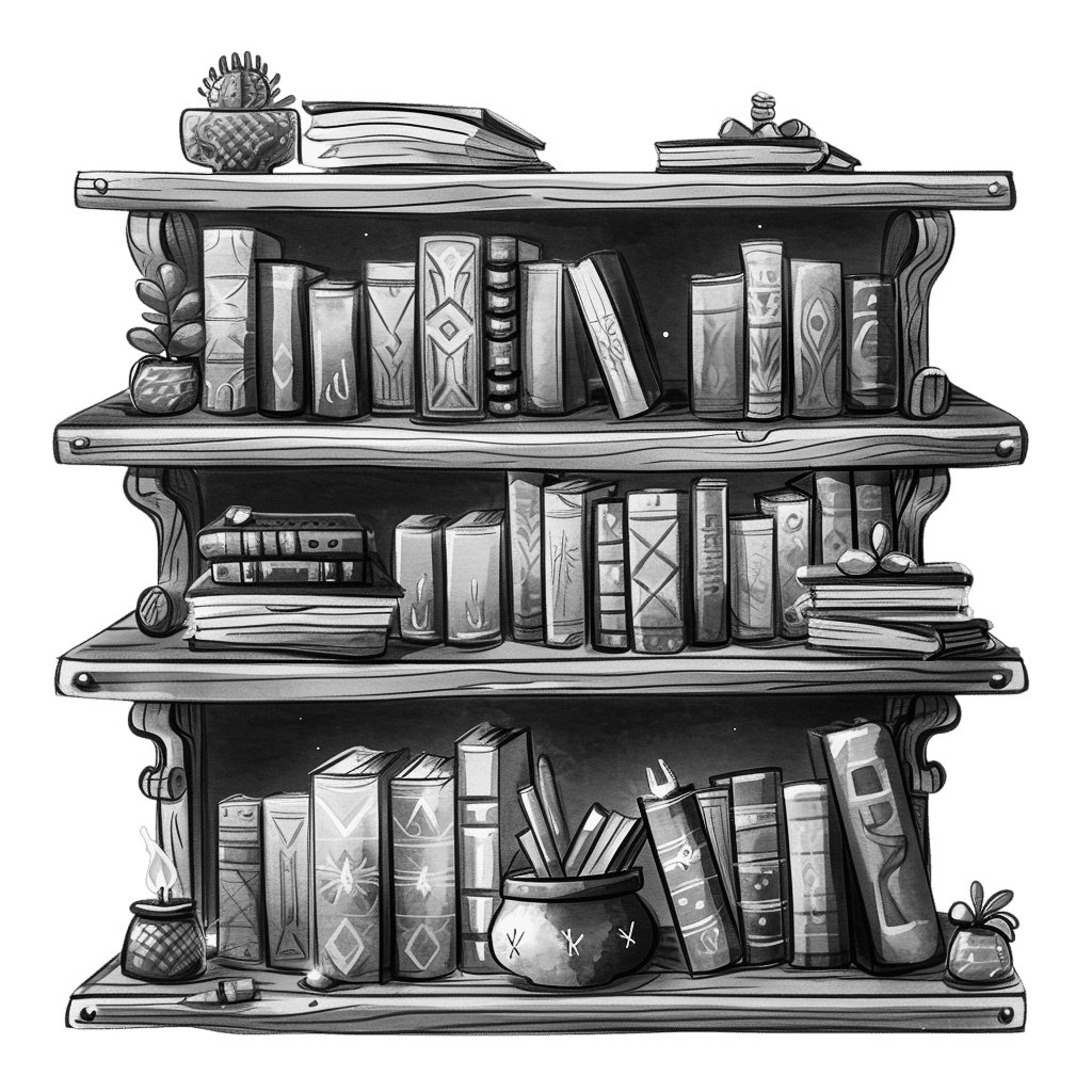 Black and White Wooden Bookshelf with Fantasy Books Clipart