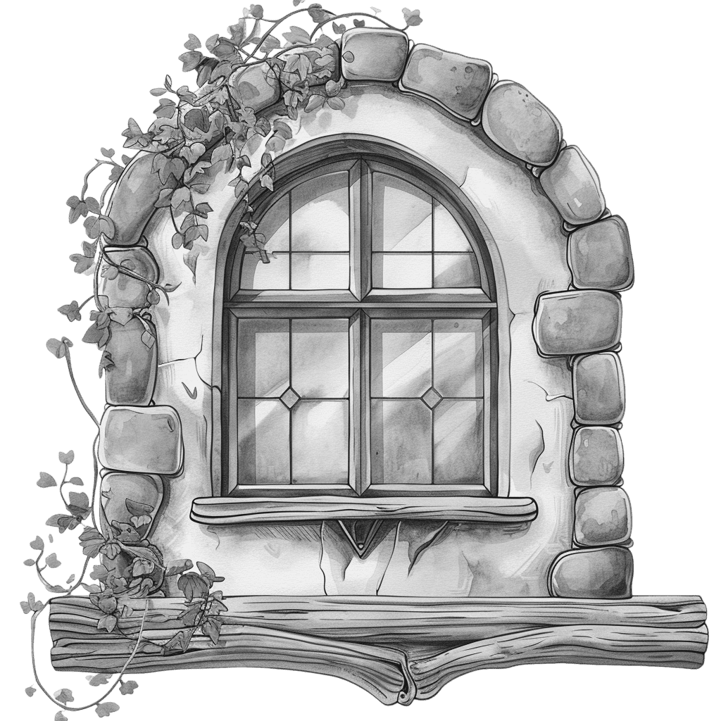 Black and White Stone Arch Window With Ivy Clipart