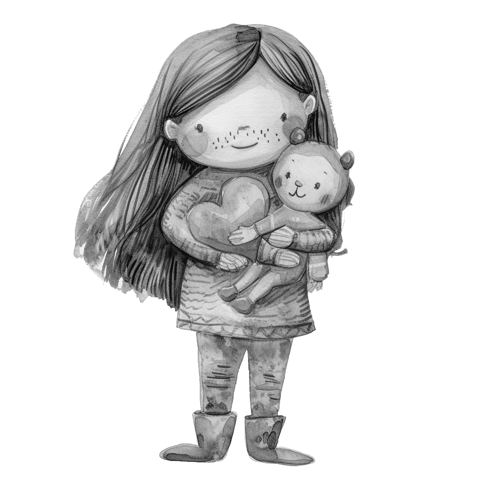 Black and White Cute Girl Holding Stuffed Animal Clipart