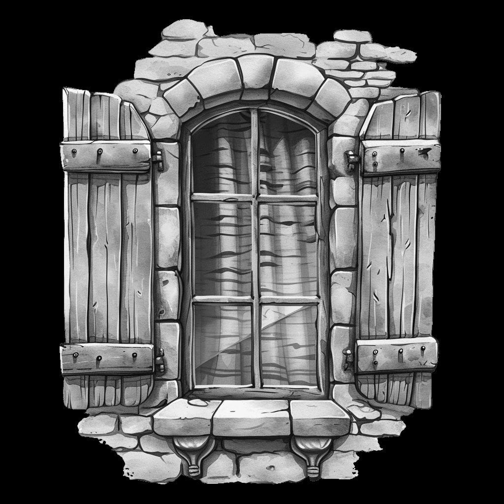 Black and White Stone Wall Window with Shutters Clipart
