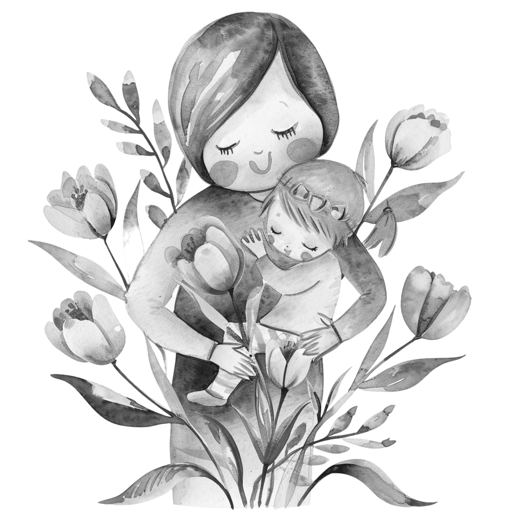 Black and White Mother Daughter Watercolor Clipart