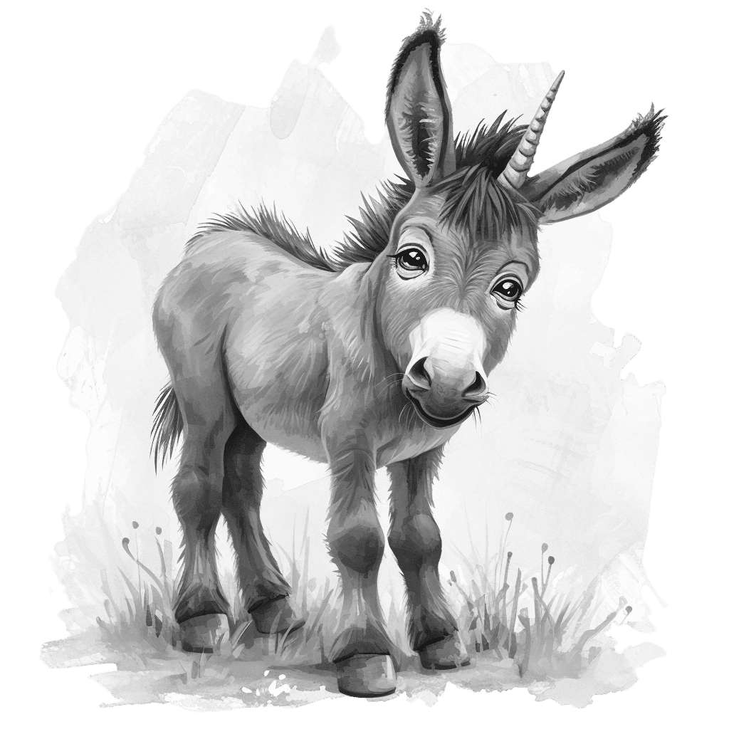 Black and White Cute Watercolor Donkey Clipart